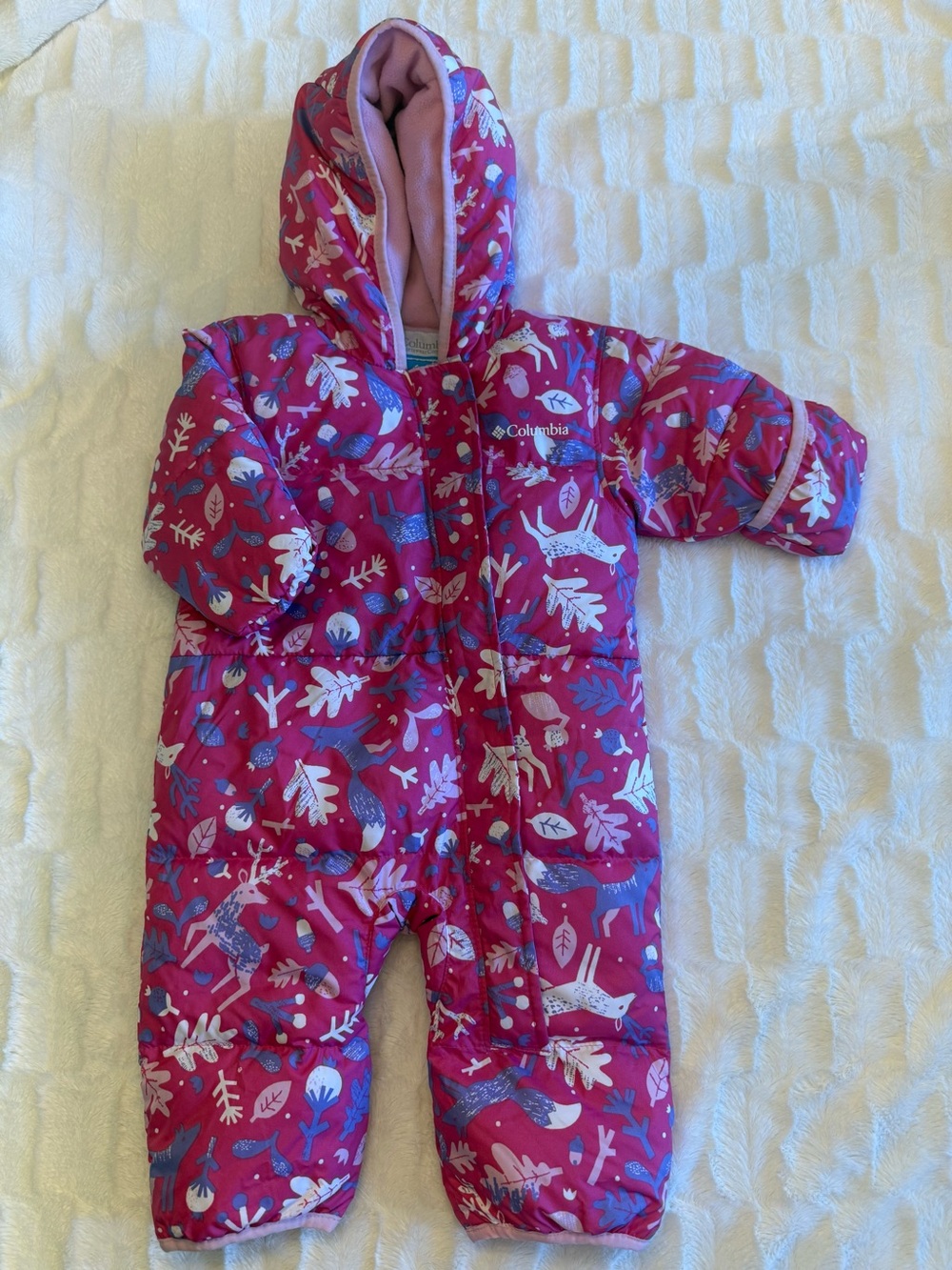 Columbia Girls' Magenta Hooded One-Piece Snowsuit with Woodland Print